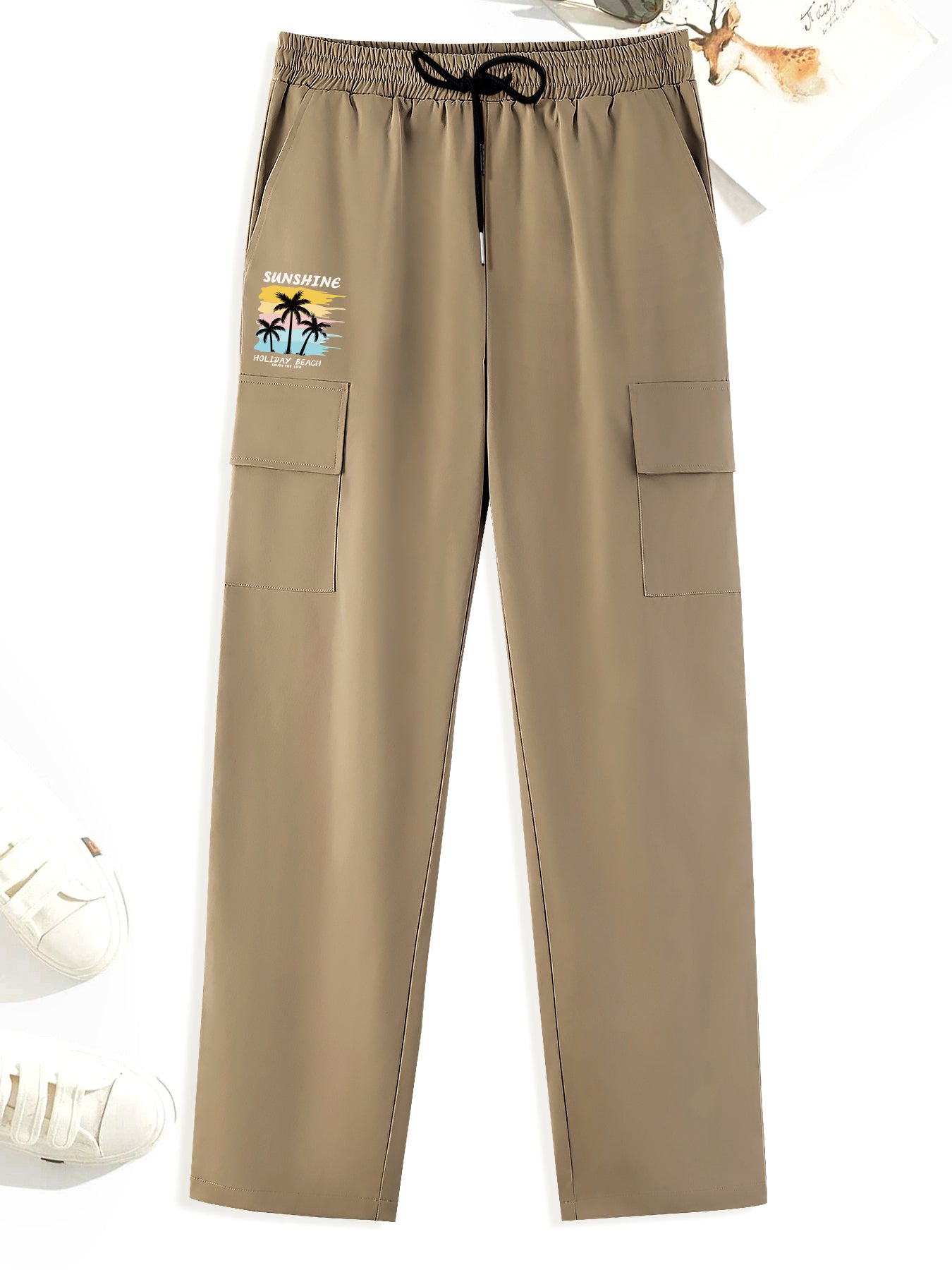 Coconut Palm Pattern Print Cargo Pants Men's Drawstring Outdoor Pants