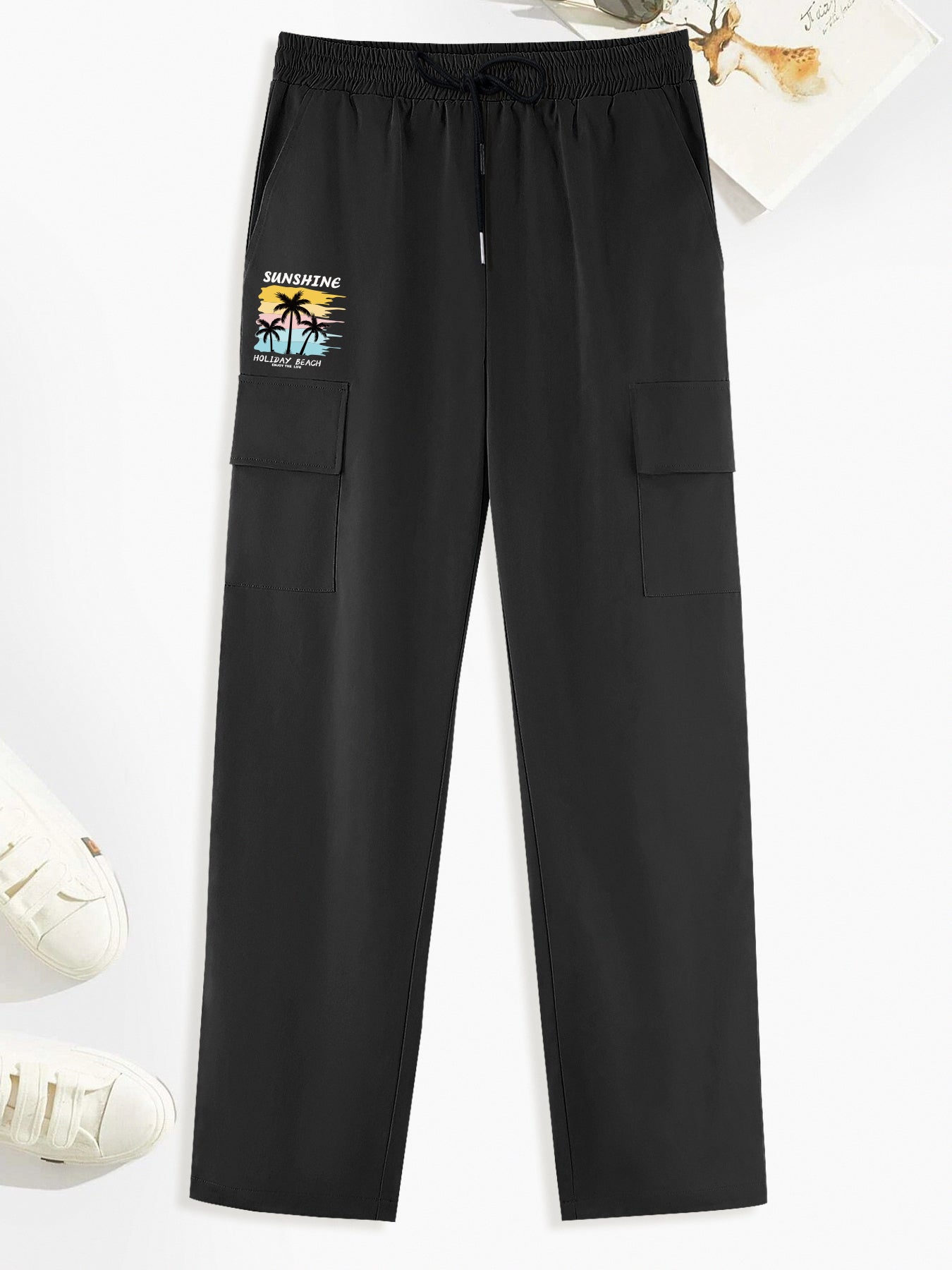 Coconut Palm Pattern Print Cargo Pants Men's Drawstring Outdoor Pants