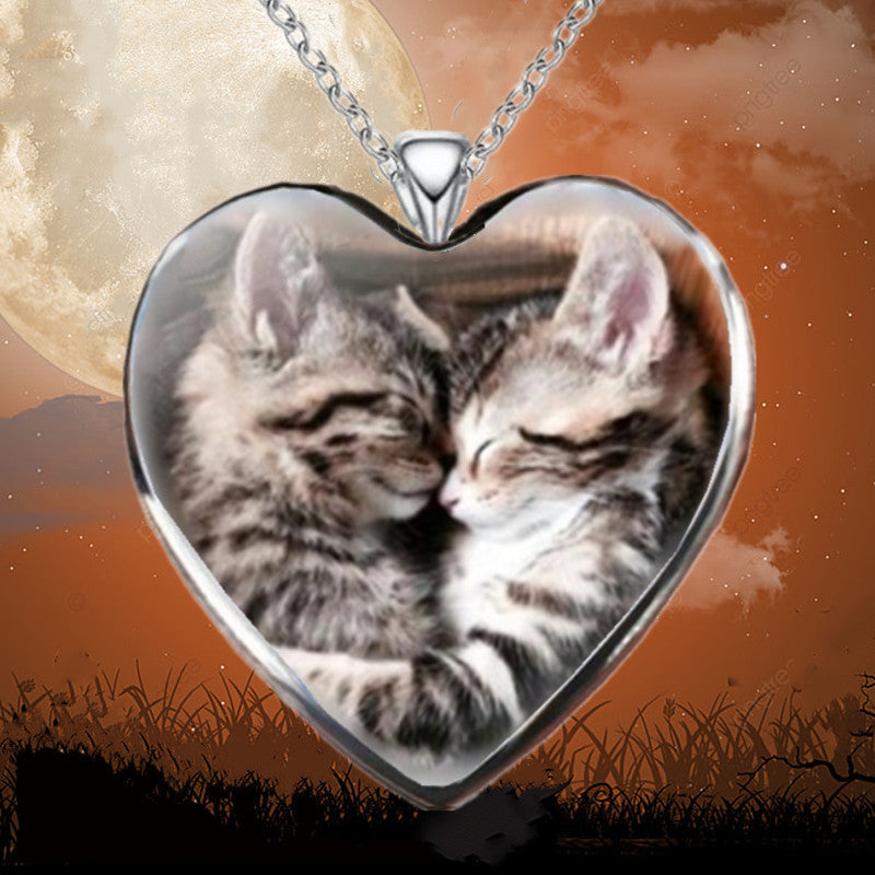 Cat Heart Pendant Necklace Couple Animal Light Heart Cat Necklace