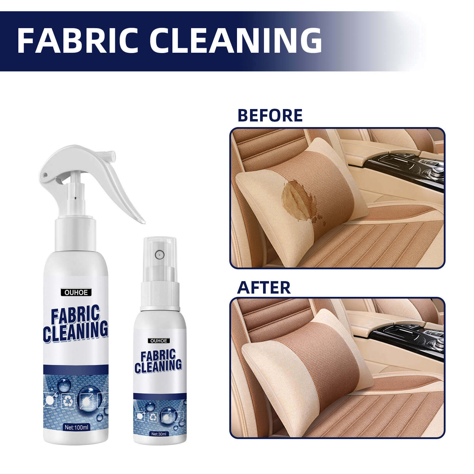 Car Fabric Cleaning Spray - Stain Remover for Interior, Ceiling, Velvet, Leather