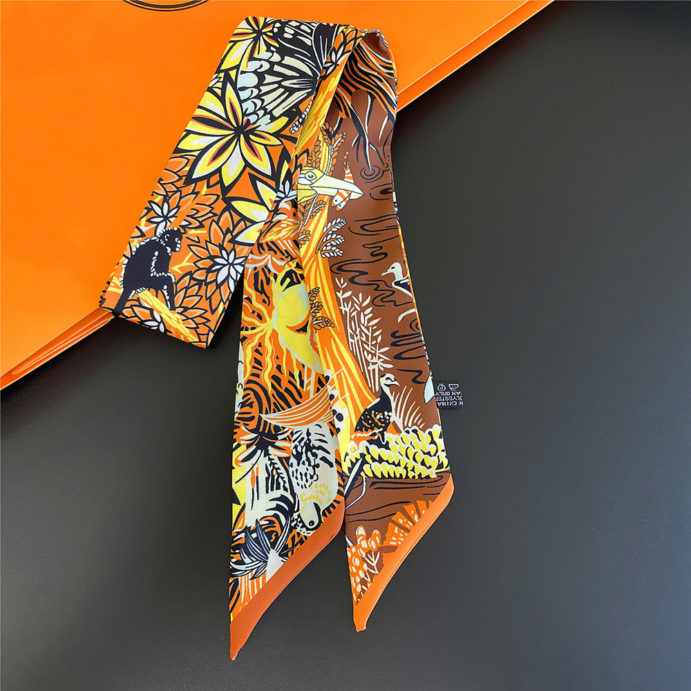 Rainforest Print Skinny Scarf Boho Long Ribbon Neckerchief