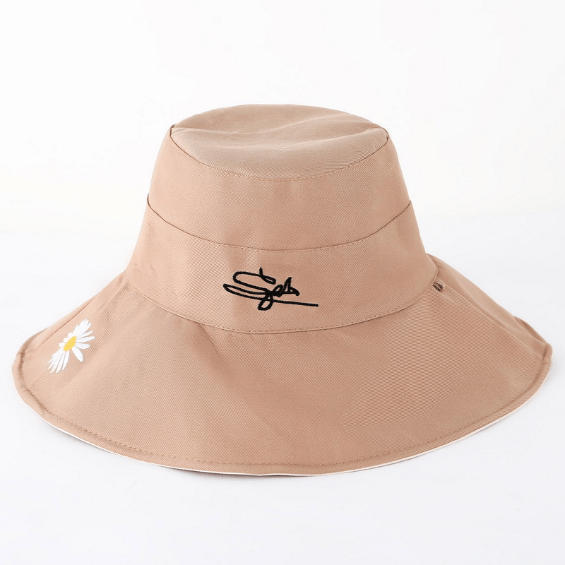 Daisy Embroidery Sunshade Bucket Hat Wide Brim Solid UV Protection