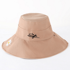 Daisy Embroidery Sunshade Bucket Hat Wide Brim Solid UV Protection