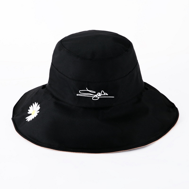 Daisy Embroidery Sunshade Bucket Hat Wide Brim Solid UV Protection
