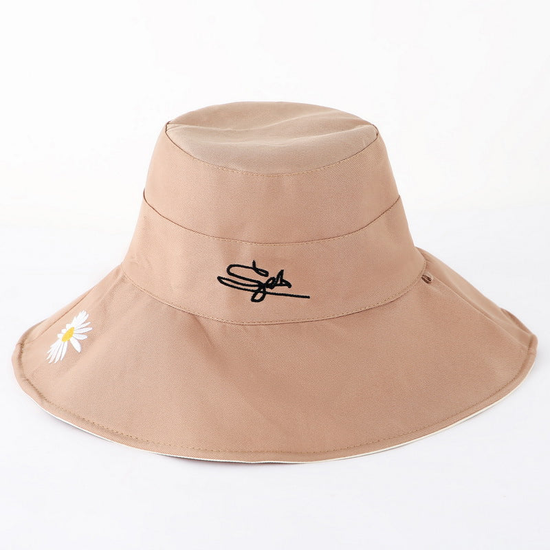 Daisy Embroidery Sunshade Bucket Hat Wide Brim Solid UV Protection
