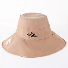 Daisy Embroidery Sunshade Bucket Hat Wide Brim Solid UV Protection