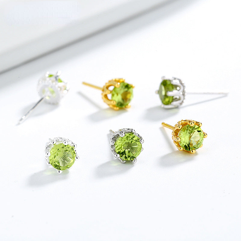 Olive Stone Stud Earrings 925 Silver Green Crystal Ear Jewelry