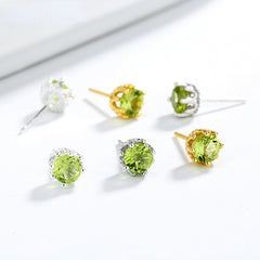 Olive Stone Stud Earrings 925 Silver Green Crystal Ear Jewelry