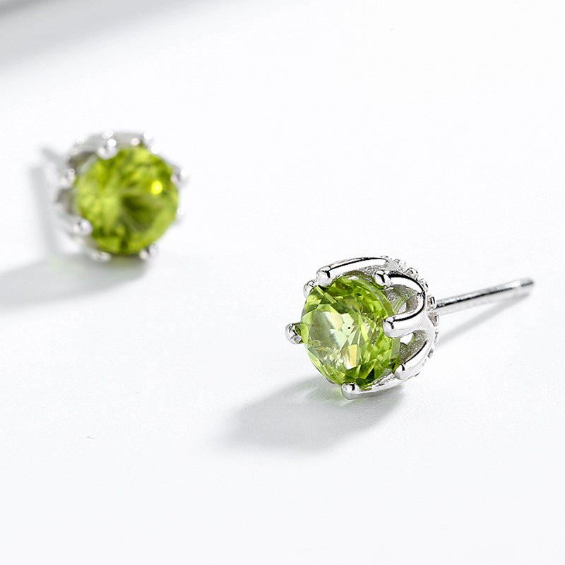 Olive Stone Stud Earrings 925 Silver Green Crystal Ear Jewelry