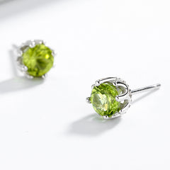 Olive Stone Stud Earrings 925 Silver Green Crystal Ear Jewelry