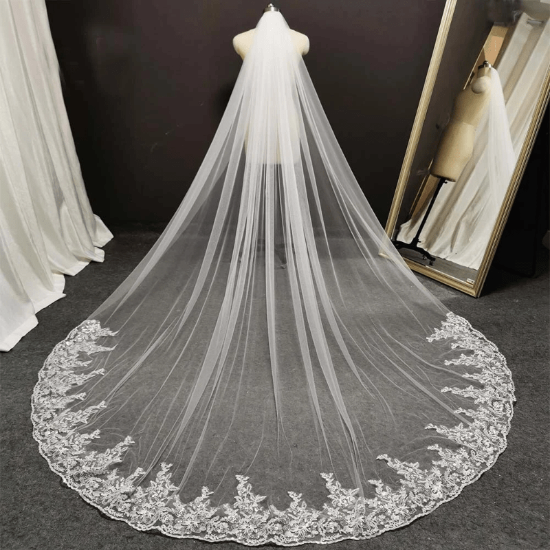 Long Head Veil Comb Bridal Mesh Veil Lace Edge Ivory Wedding