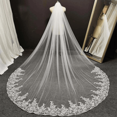 Long Head Veil Comb Bridal Mesh Veil Lace Edge Ivory Wedding