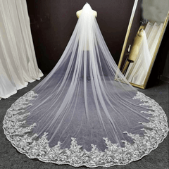 Long Head Veil Comb Bridal Mesh Veil Lace Edge Ivory Wedding