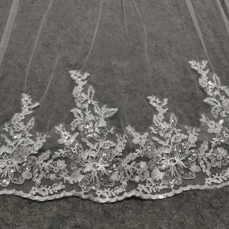 Long Head Veil Comb Bridal Mesh Veil Lace Edge Ivory Wedding