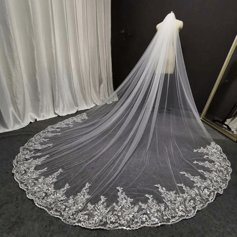 Long Head Veil Comb Bridal Mesh Veil Lace Edge Ivory Wedding