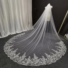Long Head Veil Comb Bridal Mesh Veil Lace Edge Ivory Wedding