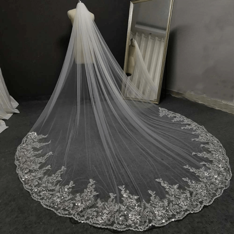 Long Head Veil Comb Bridal Mesh Veil Lace Edge Ivory Wedding