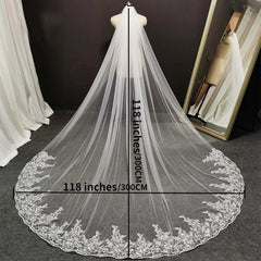 Long Head Veil Comb Bridal Mesh Veil Lace Edge Ivory Wedding