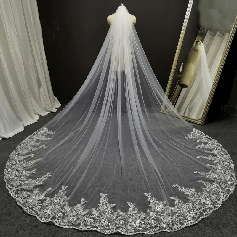 Long Head Veil Comb Bridal Mesh Veil Lace Edge Ivory Wedding