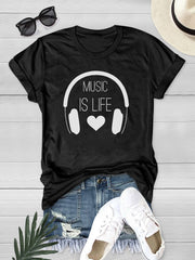 Music Earphone Graphic Women's T-shirt Short Sleeve Crew Neck Summer Sports Tee
