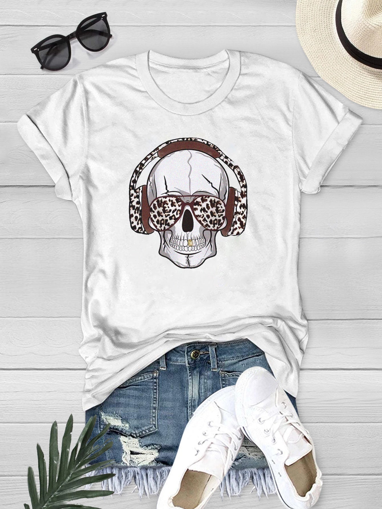 Halloween Summer Skull Music Graphic Tee for Women