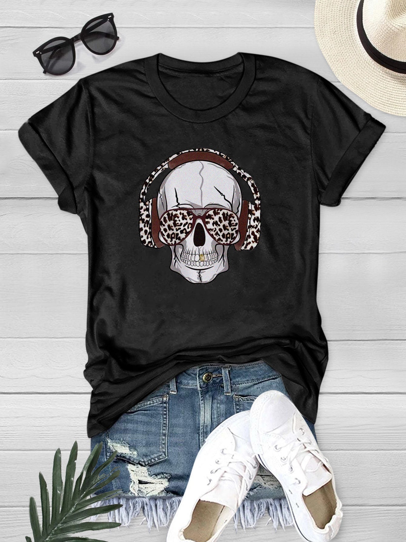 Halloween Summer Skull Music Graphic Tee for Women