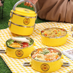 Insulated Stainless Steel Lunch Box Yellow Duck Pattern 3 Layers Soup Container