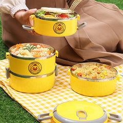 Insulated Stainless Steel Lunch Box Yellow Duck Pattern 3 Layers Soup Container