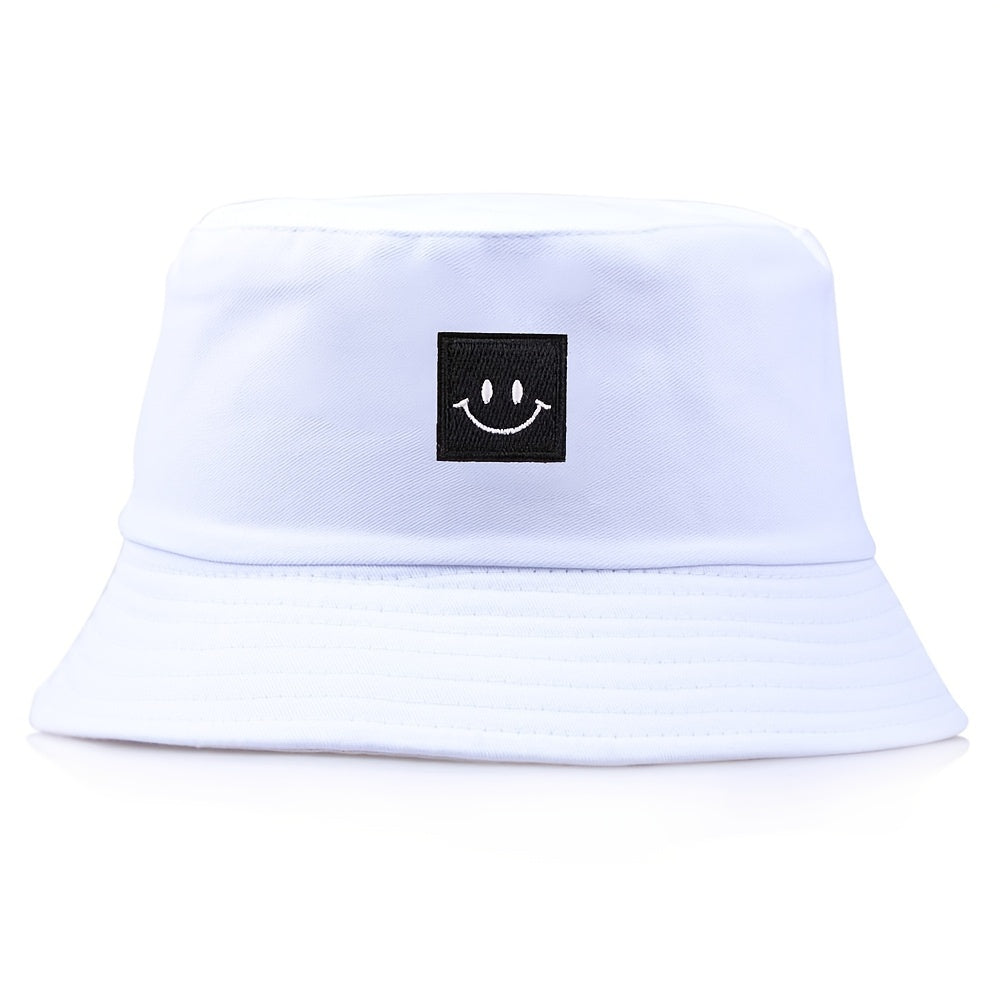 Happy Face Embroidered Bucket Cap for Outdoor Activities