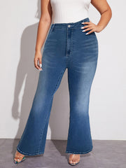 Women's Plus Size Button Up Flared Leg Jeans with Wings Embroidery Pockets
