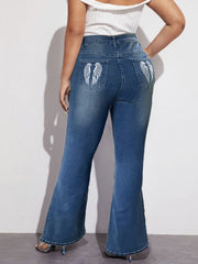 Women's Plus Size Button Up Flared Leg Jeans with Wings Embroidery Pockets