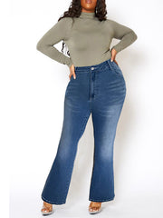 Women's Plus Size Button Up Flared Leg Jeans with Wings Embroidery Pockets