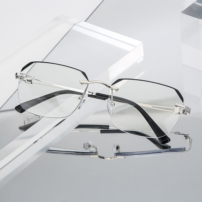Men's Rimless Rhinestone Glasses Myopia Hyperopia Dual use Anti Glasses