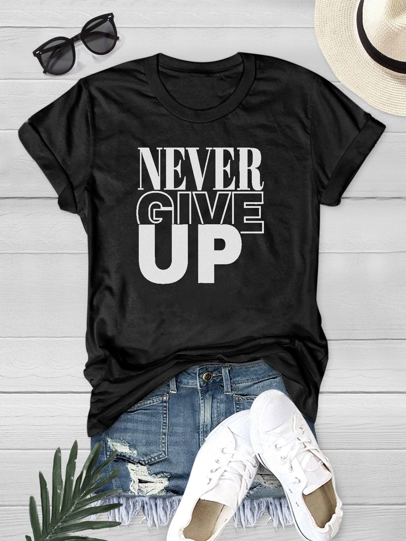 Never Give Up Letter Graphic Casual T-shirts Short Sleeve Round Neck