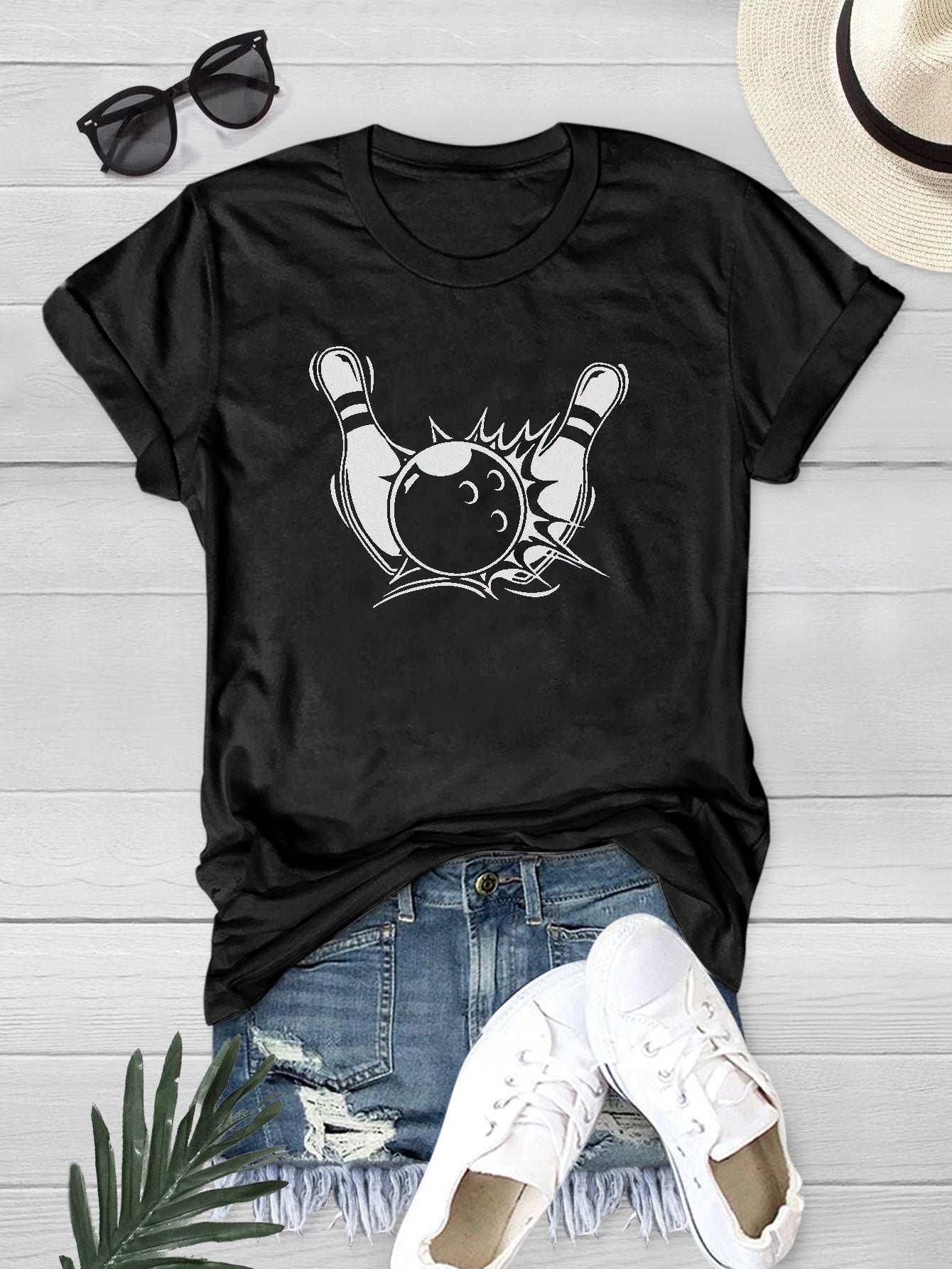 Bowling Printed Short Sleeve T-shirts Crew Neck Summer Top