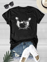 Bowling Printed Short Sleeve T-shirts Crew Neck Summer Top