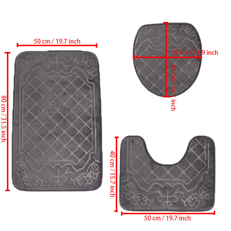 3pcs Embossed Bath Mats Set Absorbent Non Slip Bathroom Rug Toilet U Shape Mat