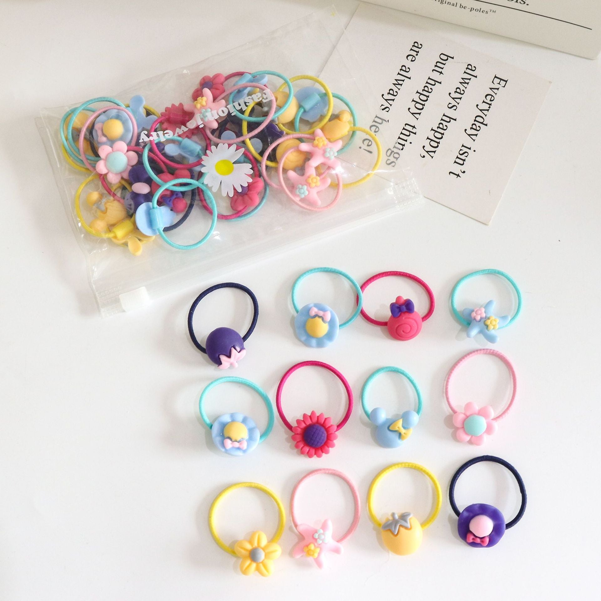 20pcs Cartoon Hair Rings for Girls - Flower & Fruit Hair Accessories