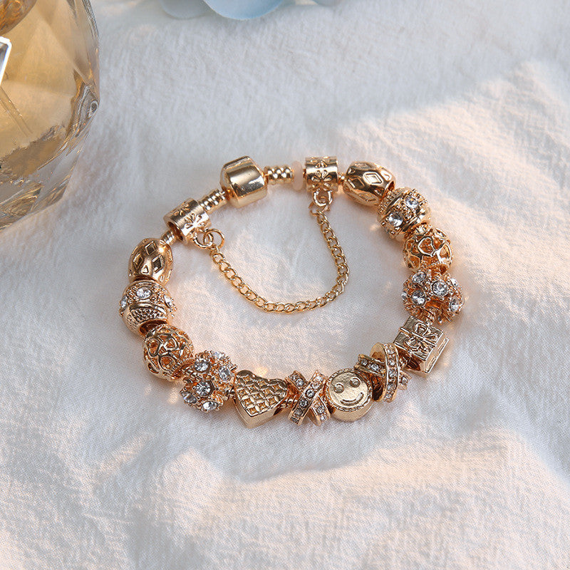 Women's Happy Face Gold Bracelet with Heart Pendant