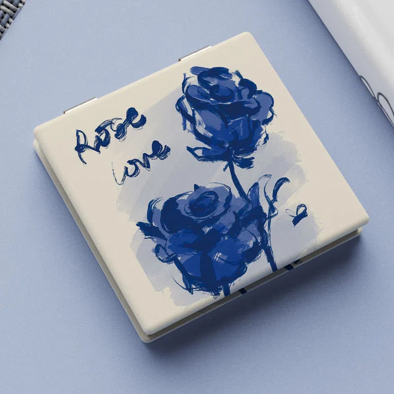 Rose Pattern Compact Mirror Square Double Side Folding Makeup Vanity Mirror