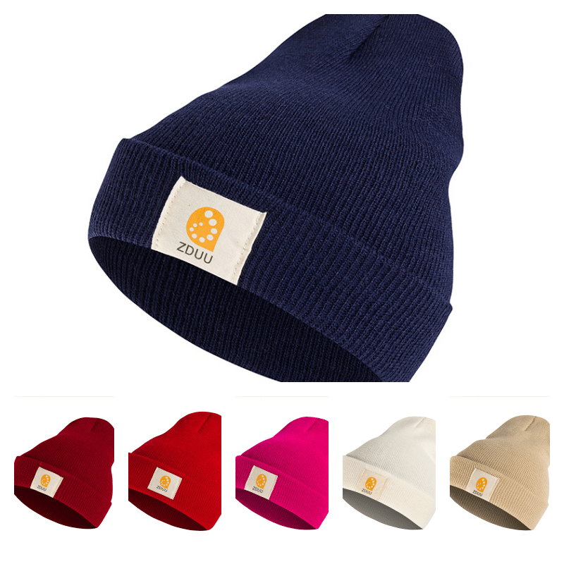 Warm Knit Hat Label Patch Casual Beanie Unisex Skull Cap