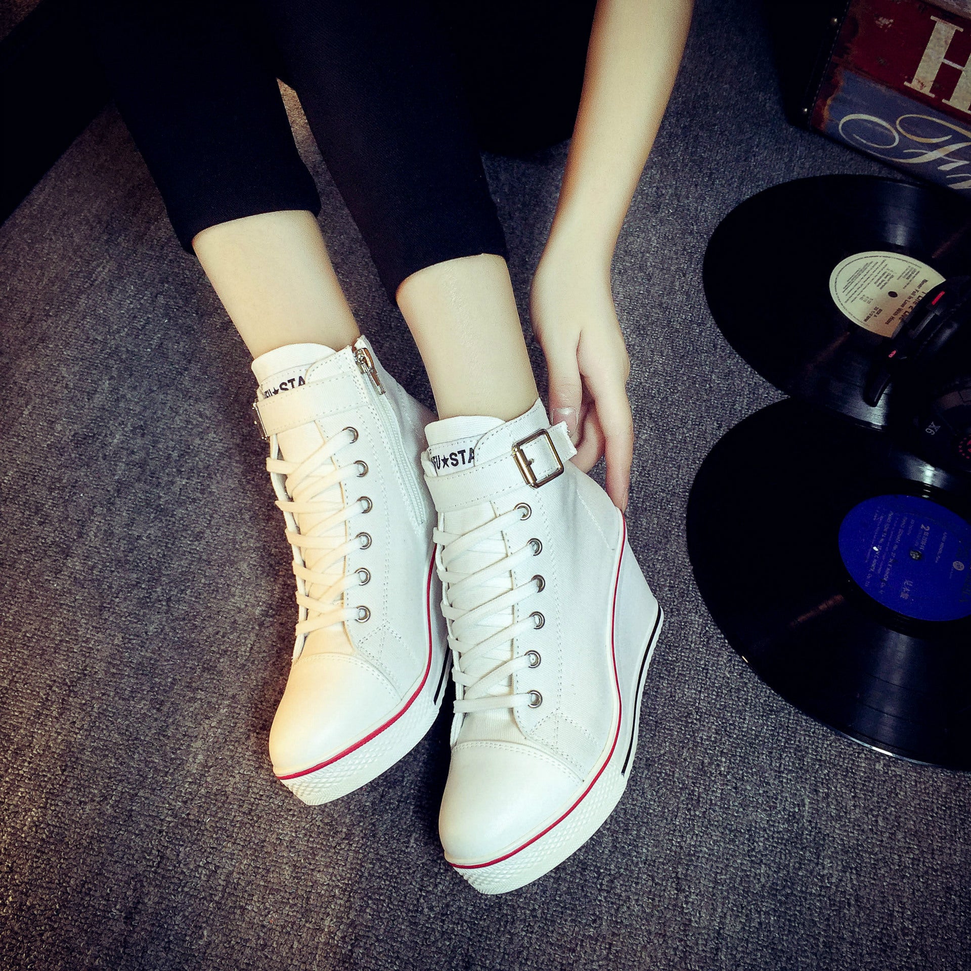 Women's Platform Canvas Sneakers High Round Toe Zipper Casual Shoes