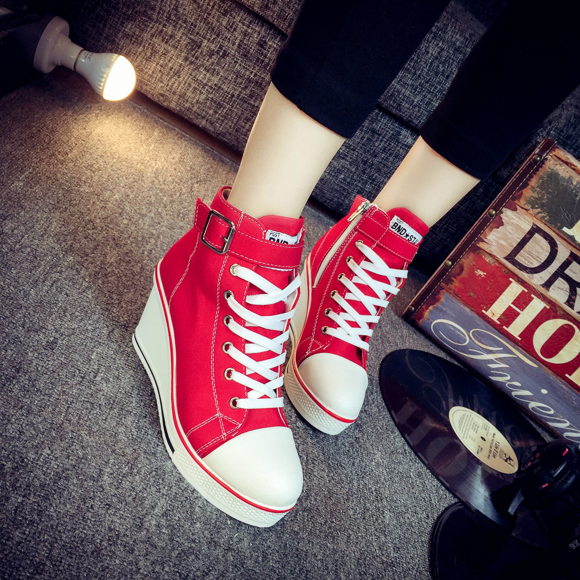 Women's Platform Canvas Sneakers High Round Toe Zipper Casual Shoes