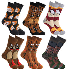 6 Pairs Boys Brown Cartoon Crew Socks Dog Pattern Mid Tub