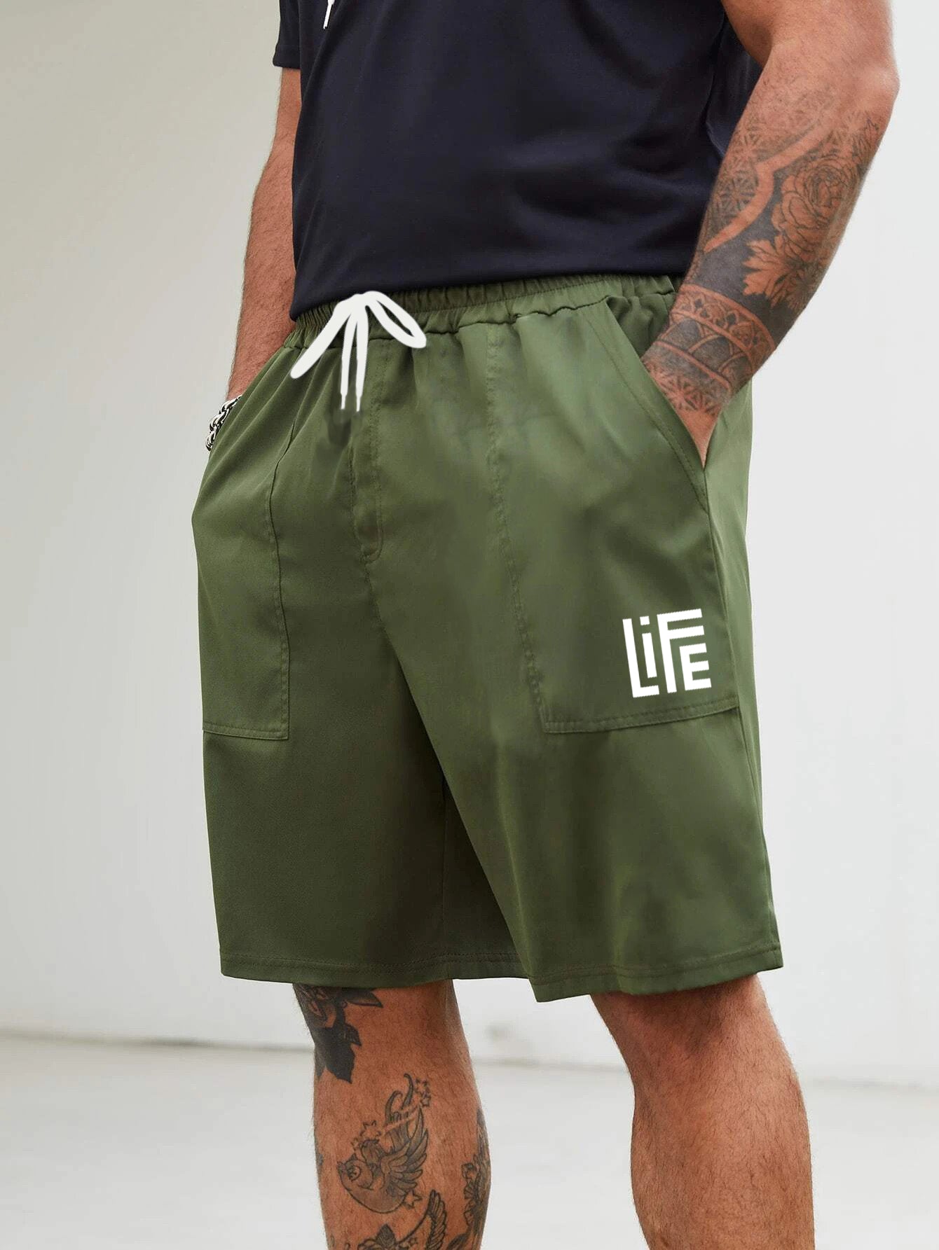 Men's Drawstring Cargo Shorts LIFE Pattern Print Summer Clothings