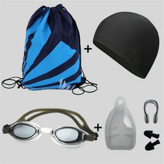Swimming Kit with Bag Cap Goggles Earplugs Nose Clips
