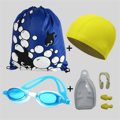 Swimming Kit with Bag Cap Goggles Earplugs Nose Clips