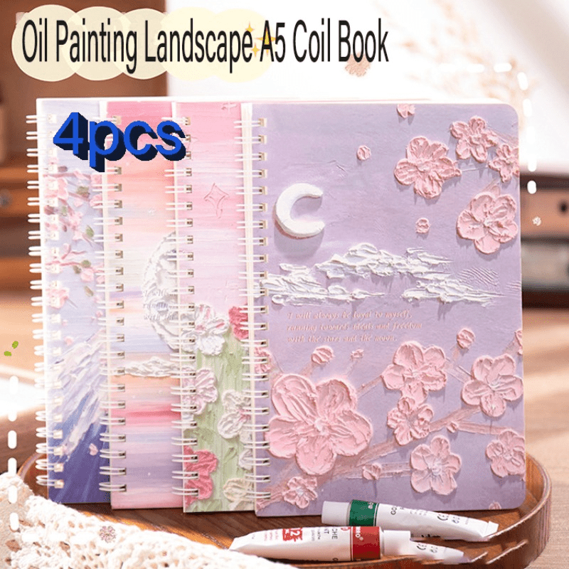 4pcs Painting Scenery A5 Coil Student Diary Stationery Notepad