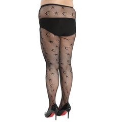 Moon & Star Print High Rise Fishnet Stockings