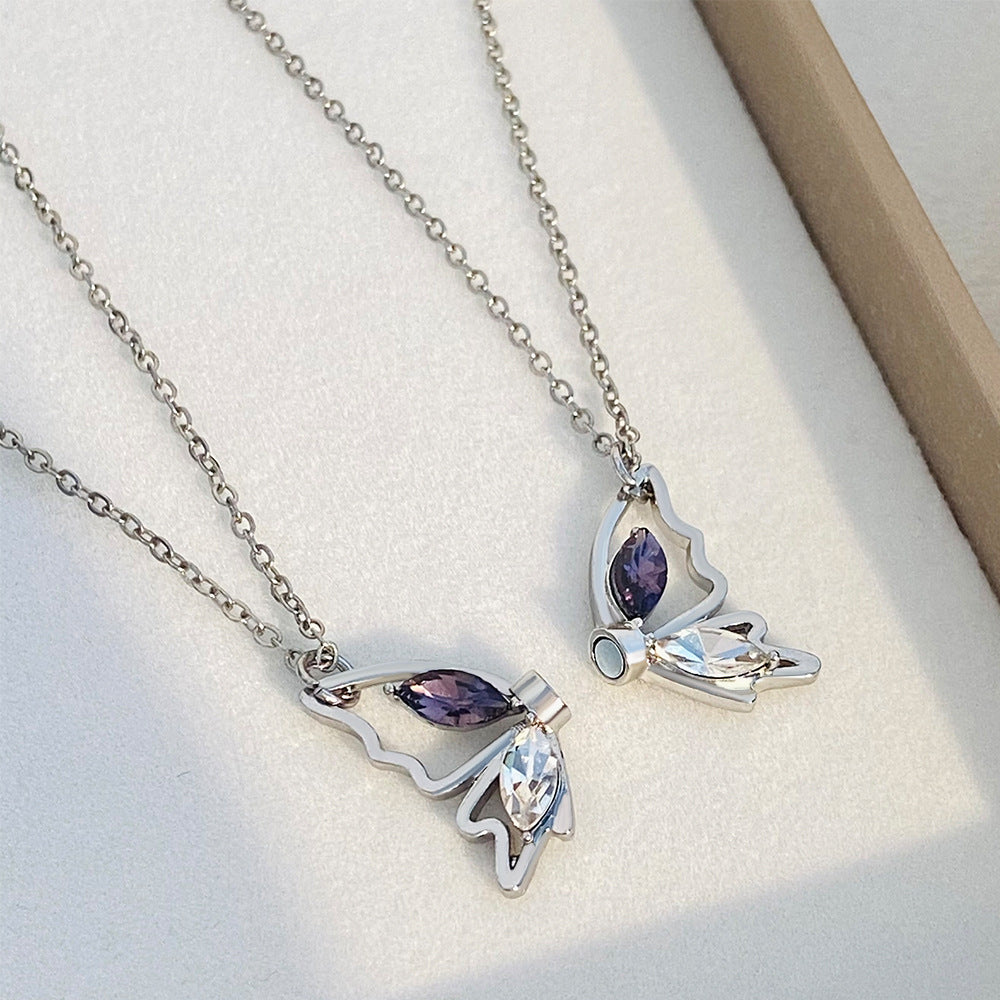Zircon Butterfly Pendant Necklace Alloy Magnetic Suction Hollow Clavicle Chain